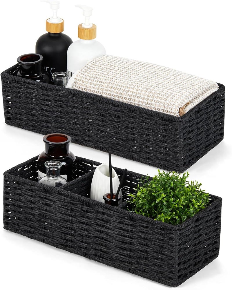 DULLEMELO Toilet Paper Basket for Organizing, Paper Rope Bathroom Baskets, Decorative Storage Bins for Countertop Bathroom Shelves, Set of 2,Black - Image 1